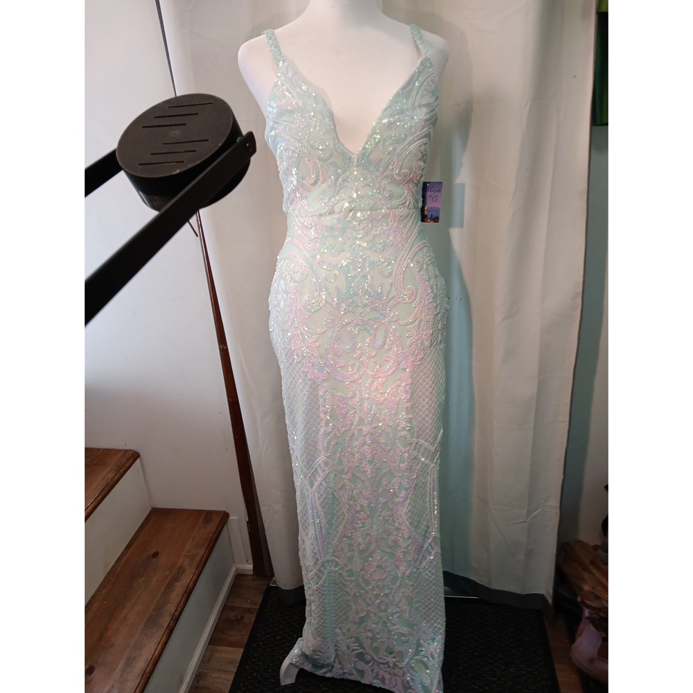 New Prom Dress Size 1‎ Morgan & Co Sequin Iridescent  Babydoll Y2k Mint Green